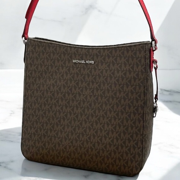 Michael Kors Brown and Red Crossbody Bag with Monogram Print - Picture 1 of 9